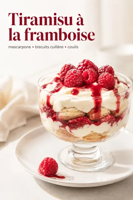 Tiramisu à la framboise en coupe, vue 3/4 sur assiette blanche