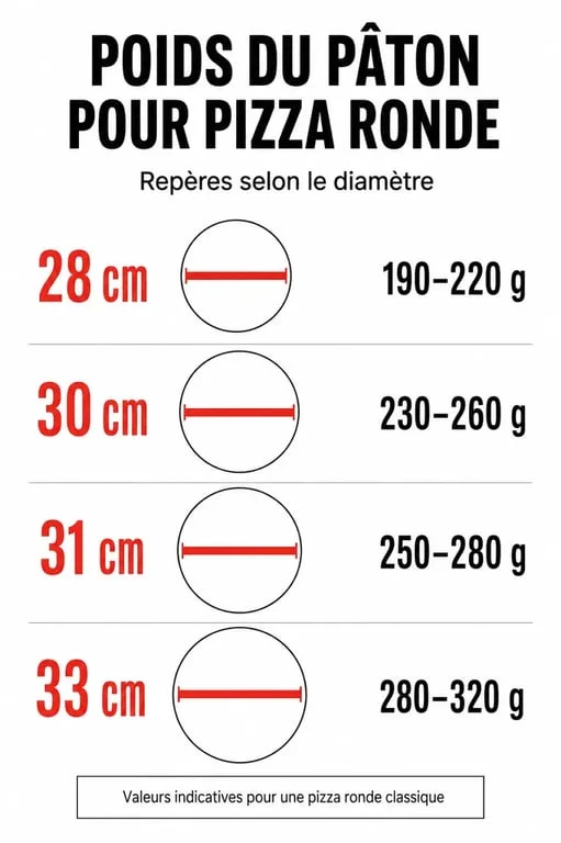 Poids paton pizza selon le diamètre : comparatif des grammes pour 28, 30, 31 et 33 cm