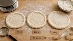250 à 260 g de pâton pour 30 à 33 cm : l’équilibre qui garde la corniche légère